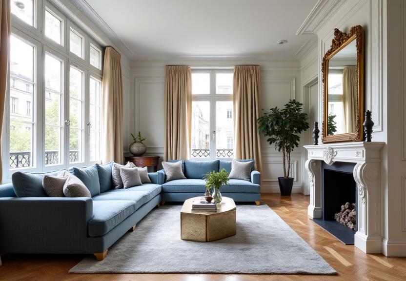 Photographie d'un salon élégant et lumineux dans un appartement haussmannien rénové par Maison Élégance