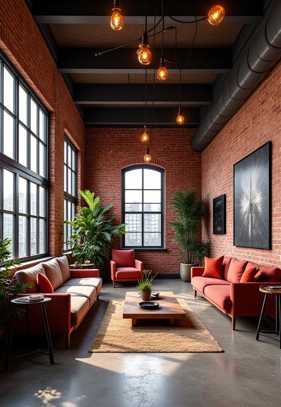Vue d'un loft industriel spacieux et chaleureux, avec des éléments bruts et du mobilier contemporain