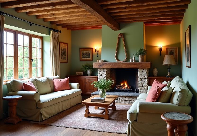 Intérieur douillet et authentique d'une maison de campagne rénovée, mélange de charme ancien et de confort moderne